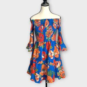 GUESS Charley Off-The-Shoulder Dress Sz MEDIUM Blue Floral Boho NEW